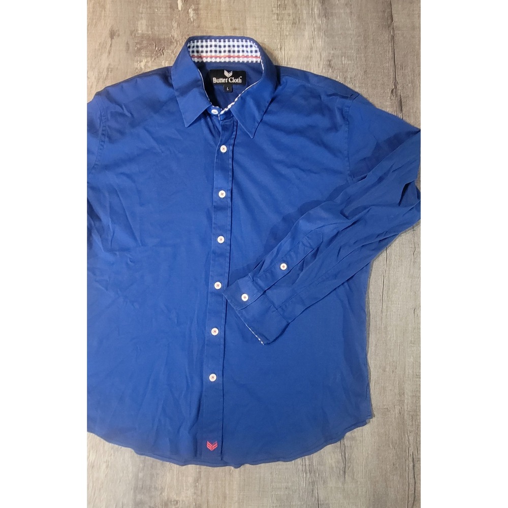 Butter Cloth Mens Large Blue Long Sleeve Button Down 100% Cotton Gingham Trim